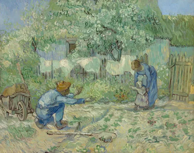 First Steps, after Millet, by Vincent Van Gogh, 1890, Dutch Post-Impressionist, oil on canvas. While a patient at the asylum in Saint-Remy, Van Gogh painted copies after realist Jean-Francois Millet (BSLOC_2017_5_50)