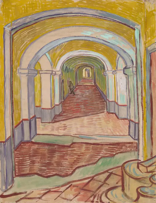 Corridor in the Asylum, by Vincent Van Gogh, 1889, Dutch Post-Impressionist painting. This mixed media work of oil color and black chalk on pink paper, used exaggerated linear perspective to expressively paint the Saint-Remy Asylum in Arles (BSLOC_2017_5_56)