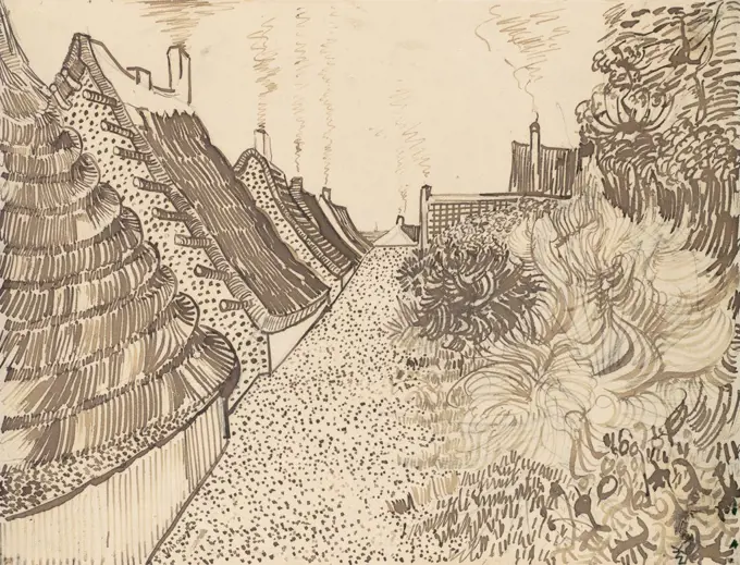 Street in Saintes-Maries-de-la-Mer, by Vincent Van Gogh, 1888, Dutch Post-Impressionist drawing. The reed pen and ink over graphite on paper was made in a Mediterranean fishing village scene with thatched roofs and smoking chimneys (BSLOC_2017_5_59)