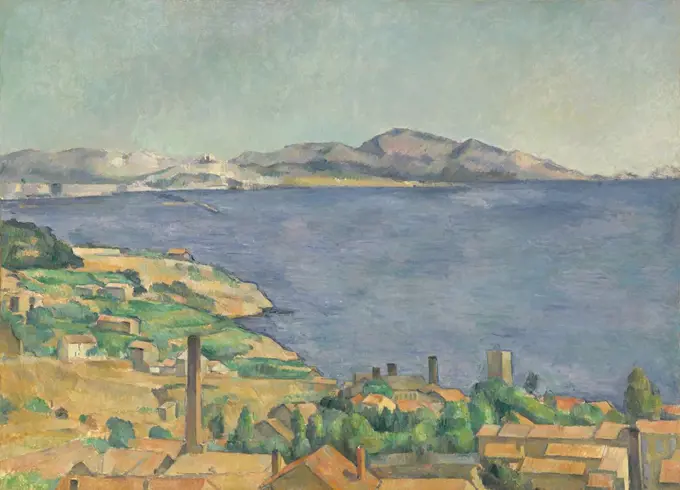 Gulf of Marseilles Seen from L'Estaque, by Paul Cezanne, 1885, French Post-Impressionist painting. The Red roofs of the fishing village of LEstaque contrast with the blue sea. On a distance hill, are the towers of Notre-Dame-de-la-Garde in the city of Ma (BSLOC_2017_5_6)