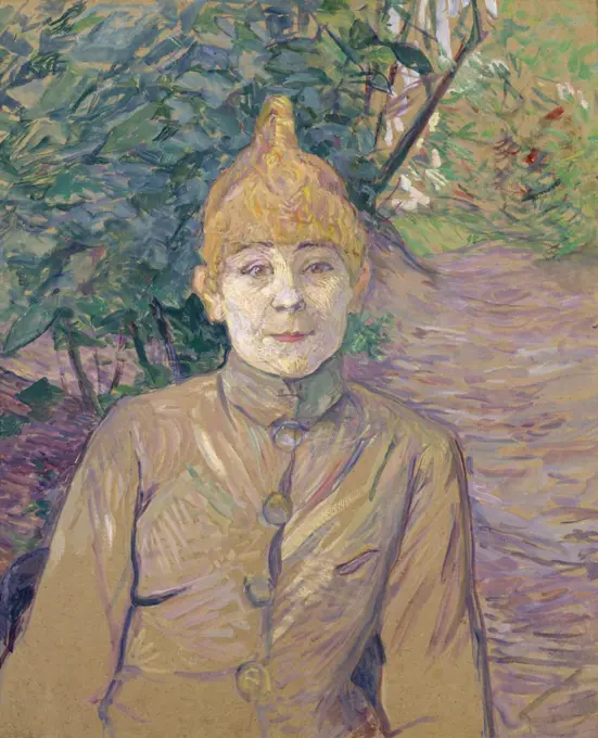 The Streetwalker, by Henri de Toulouse-Lautrec, 1890-91, French Post-Impressionist oil painting. The nickname of woman was La Casque d'Or (Golden Helmet), referring to her wig. She sits in the garden of Monsieur Forest, Lautrec's neighbor in Montmartre (BSLOC_2017_5_61)