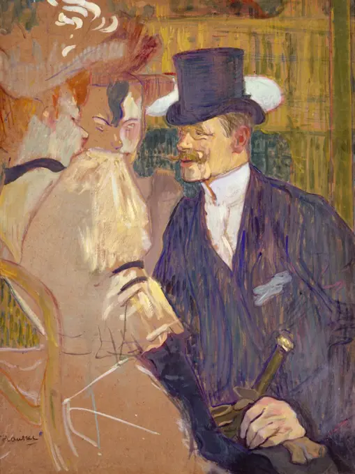 The Englishman at the Moulin Rouge, by Henri de Toulouse-Lautrec, 1892, Post-Impressionist painting. Lautrec's friend, English painter William Tom Warrener, appears as a top-hatted gentleman with two female companions at the Moulin Rouge. Warreners redde (BSLOC_2017_5_62)