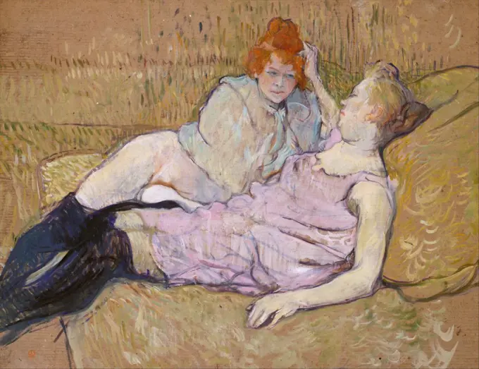 The Sofa, by Henri de Toulouse-Lautrec, 1894-96, French Post-Impressionist, oil on canvas cardboard. Two prostitutes identified as a lesbian couple, lounge on a sofa. Between 1892 and 1896, Lautrec made about 50 paintings of Paris brothels and their deniz (BSLOC_2017_5_63)