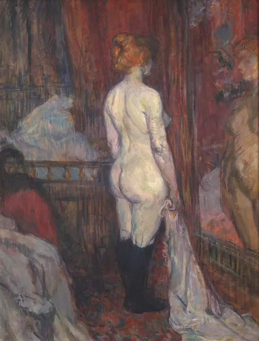 Woman before a Mirror, by Henri de Toulouse-Lautrec, 1897, French Post-Impressionist oil painting. Full length naturalistic portrait of a naked women, possibly a prostitute, facing a mirror in a Paris interior (BSLOC_2017_5_64)