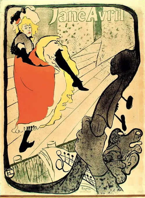 Jane Avril, by Henri de Toulouse-Lautrec, 1893, French Post-Impressionist print, lithograph. Avril, friend of the artist, commissioned this print to advertise her cabaret show at the Jardin de Paris (BSLOC_2017_5_65)