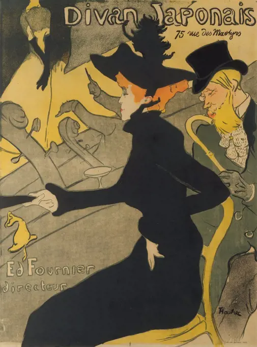 Divan Japonais, by Henri de Toulouse-Lautrec, 1892-93, French Post-Impressionist print, lithograph. This poster advertised the nightclub, with two of his favorite Montmartre performers, Yvette Guilbert and Jane Avril. Avril is seated in center with Edouar (BSLOC_2017_5_66)