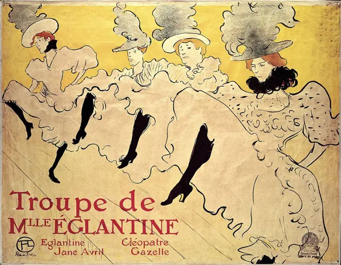 La Troupe de Mademoiselle Eglantine, by Henri de Toulouse-Lautrec, 1895, Post-Impressionist print. 'La troupe de Mlle Eglantine,' was a group of French cancan dancers: Jane Avril, Mlle Eglantine, Cleopatre and Gazelle. Avril commissioned this lithographic (BSLOC_2017_5_67)