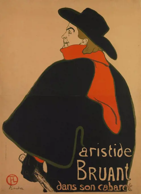 Aristide Bruant, at His Cabaret, by Henri de Toulouse-Lautrec, 1893, French Post-Impressionist print. Lautrec made this lithographic poster to promote performances of singer Aristide Bruant at up-scale cafe-concerts on the Champs-Elysees. Lautrec emphasiz (BSLOC_2017_5_68)