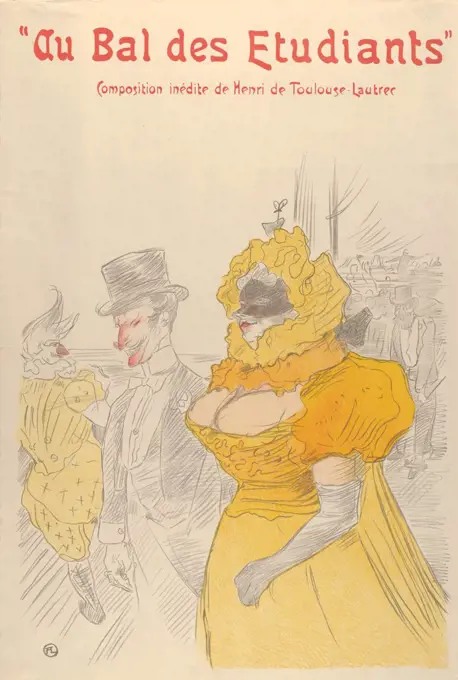 Au Bal des Etudiants, by Henri de Toulouse-Lautrec, French Post-Impressionist, 1900, drawing. A man and woman at a costume ball with an orchestra conductor in the background (BSLOC_2017_5_69)