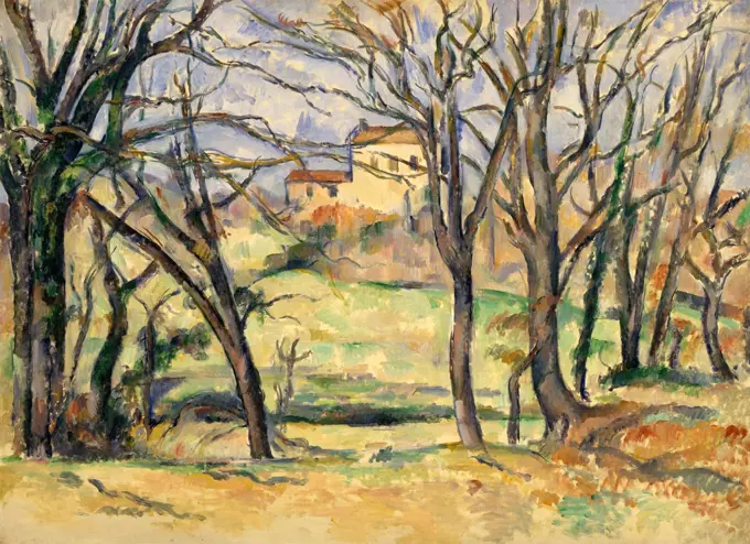 Trees and Houses Near the Jas de Bouffan, by Paul Cezanne, 1885-86, French Post-Impressionism. This was painted from nature, south of the Jas de Bouffan, the Cezanne family residence near Aix-en-Provence (BSLOC_2017_5_7)