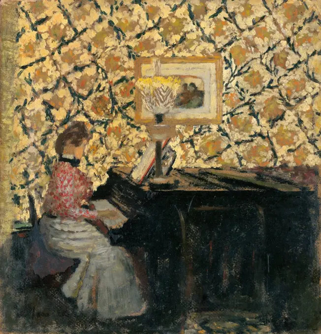 Misia at the Piano, by Edouard Vuillard, 1895, French Post-Impressionist, oil painting on cardboard. Misia Sert, was born into a Polish musical family, and was active in Paris artistic circles after she married Thadee Natanson in 1889 (BSLOC_2017_5_99)