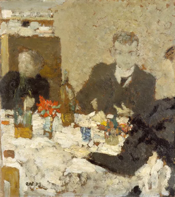 At Table, by Edouard Vuillard, 1893, French Post-Impressionist, oil painting on cardboard. This small picture of 12 x 10 inches, depicts an interior with three indistinctly painted figures dining (BSLOC_2017_5_98)