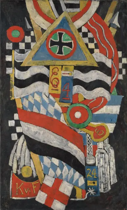 PORTRAIT OF A GERMAN OFFICIER, by Marsden Hartley, 1914, American painting, oil on canvas. Hartleys composition is an abstract portrait of Karl von Freyburg, a Prussian lieutenant, a friend of the artist who died in World War 1. Von Freyburg is portrayed symbolically with the initials, 'K.v.F.'; his regiment number, 4; his age at death, 24; and the Iron Cross that he received posthumously (BSLOC_2017_7_103)