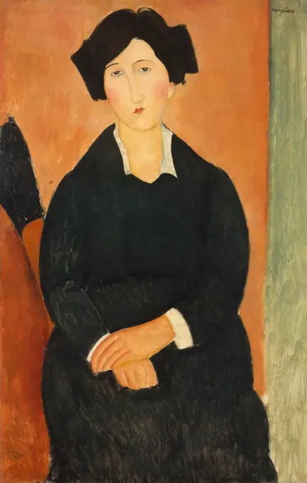 THE ITALIAN WOMAN, by Amedeo Modigliani, 1917, Italian modernist painting, oil on canvas. The sitter was probably the artist's friend or neighbor. The artist moderates his usual anatomical elongations to an oval head and sloping shoulders. He maintains his typical narrow elongated nose and small mouth. It is painted with strong silhouette of brushed color with minimal color or tonal modeling (BSLOC_2017_7_13)