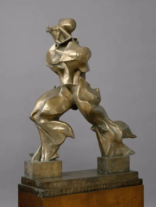 UNIQUE FORMS OF CONTINUITY IN SPACE, by Umberto Boccioni, 1913, Italian Futurist bronze sculpture. The artist's classic striding figure forms are shaped by the power of its forward movement. Cubism profoundly influenced this Futurist masterpiece (BSLOC_2017_7_2)