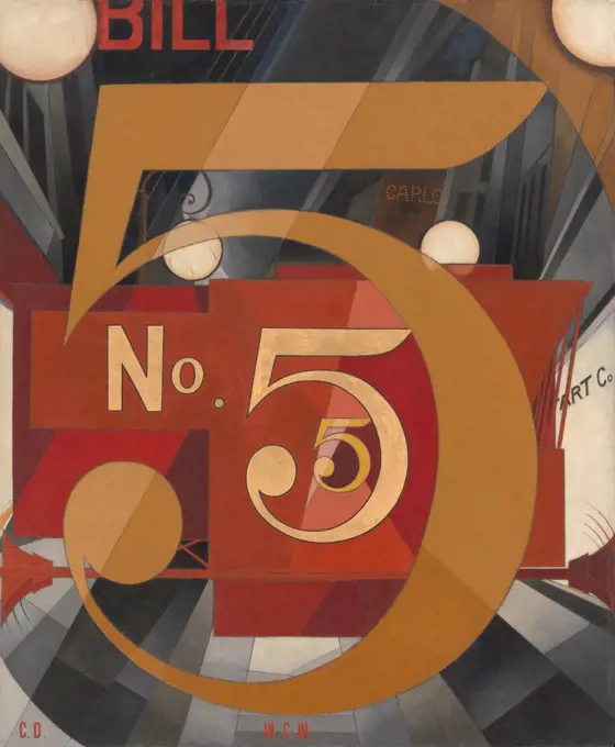 I SAW THE FIGURE 5 IN GOLD, by Charles Demuth, 1928, American painting, oil, gold leaf on paperboard. Demuth's 'poster painting' of his friend, the poet William Carlos Williams, and a visual tribute to his 1921 poem, 'The Great Figure' (BSLOC_2017_7_99)