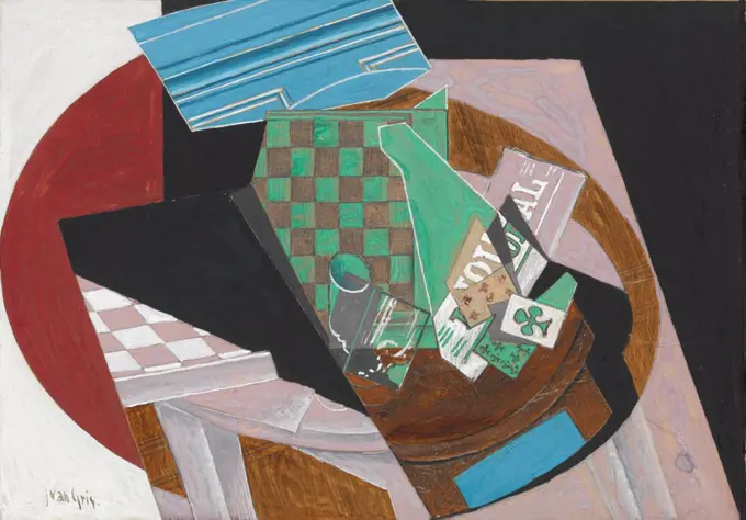 CHECKERBOARD AND PLAYING CARDS, by Juan Gris, 1915, Spanish Cubist drawing, gouache, graphite, and resin on paper. The composition is anchored by two vertical arcs of the 'table top', as the foundation of visual play of abstracted figurative elements (BSLOC_2017_7_7)