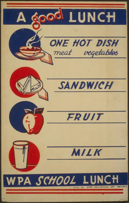 The Works Progress Administration guide to 'A Good Lunch', further text reads: 'one hot dish, meat vegetables; sandwich; fruit; milk; WPA School Lunch, Made by WPA Oklahoma Art Project', circa late 1930s.