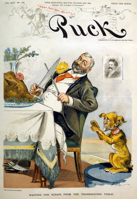 Thanksgiving, Puck Magazine cover entitled Waiting for scraps from the Thanksgiving table, Political cartoon showing Richard Boss Croker about to carve a turkey while Thomas Collier Platt, depicted as a dog, begs for table scraps, by Louis Dalrymple, 1897