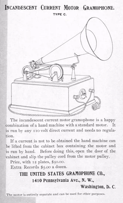 Gramophone advertisement, Incandescent Current Motor Gramophone, circa 1890s.