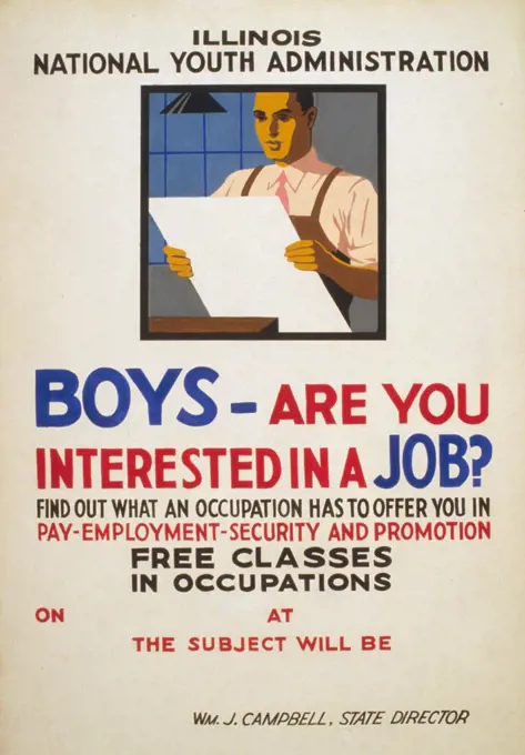 Help Wanted. Boys - are you interested in a job Poster for Illinois branch of the National Youth Administration promoting educational opportunities for young men seeking training for employment. Color silkscreen, 1936