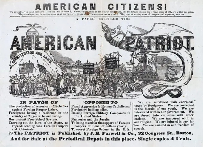 Anti-Irish advertisement. An advertisement announcing publication of the 'American Citizen,' a short-lived nativist newspaper. The broadside is illustrated with an elaborate and venomous anti-Catholic (mostly Irish) scene. Published by J. E. Farwell, engraving and letterpress, 1852