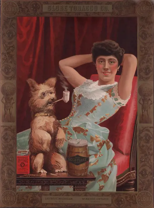 Smoking dog in advertisement for Globe Tobacco Company, Gold Flake Cut Plug chewing tobacco, showing a young woman lounging as a dog wearing glasses smokes a pipe. On the table are a box and a tin of Gold Flake Cut Plug chewing tobacco, 1885