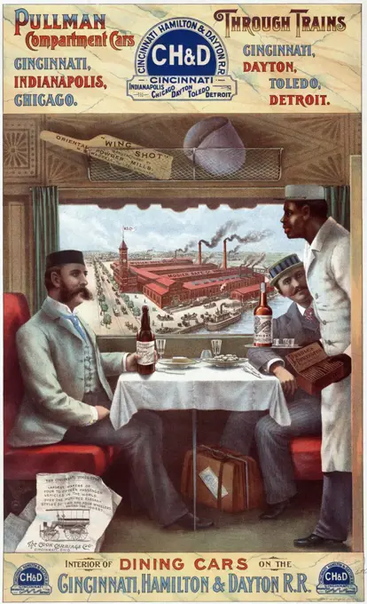 Pullman cars - interior of a dining car on the Cincinnati, Hamilton & Dayton R.R. Color lithograph, 1894