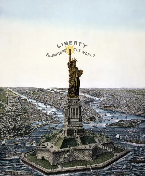 Statue of Liberty. Bartholdi 'Statue of Liberty,' erected on Bedloe's Island, in New York Harbor, chromolithograph ca. 1885