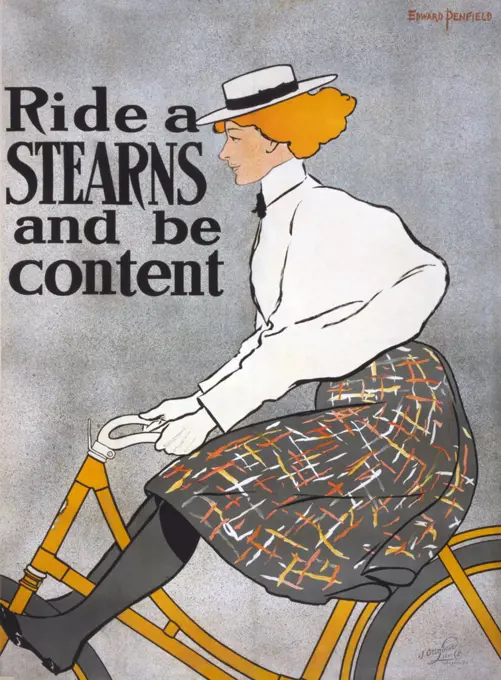 Ride a Stearns and be content. Poster advertising Stearns bicycles, showing a woman cyclist. Edward Penfield chromolithograph ca. 1896.