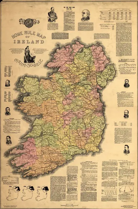 Map of Ireland supporting the 1893 'Home Rule' bill then under consideration by British Parliament.  Map shows bill's sponsor, Gladstone, and Irish nationalist  Charles Parnell.  The bill was defeated, but finally passed in 1914 to gain peace with Ireland during World War 1.