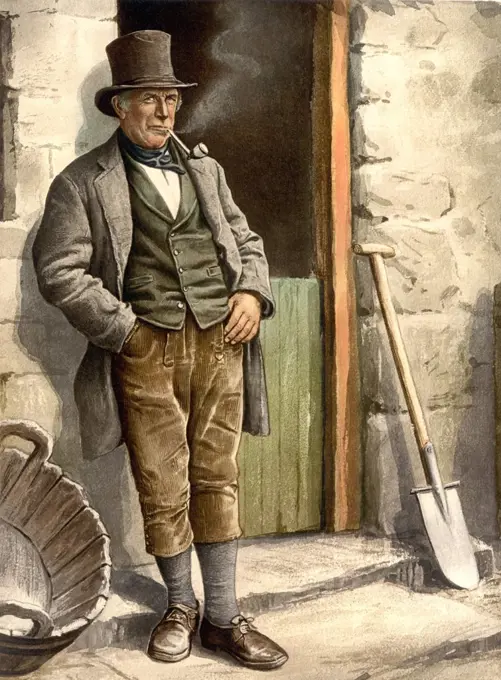 Irish Farmer, of the late 19th century wearing knee britches, top hat and smoking his pipe.