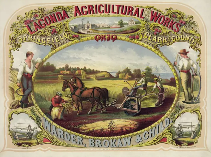 Advertising poster for the Laconda Reaper, one of first machines that revolutionized 19th century agriculture. The horse drawn reaper mowed down grain, and laborers hand binding the sheaves.