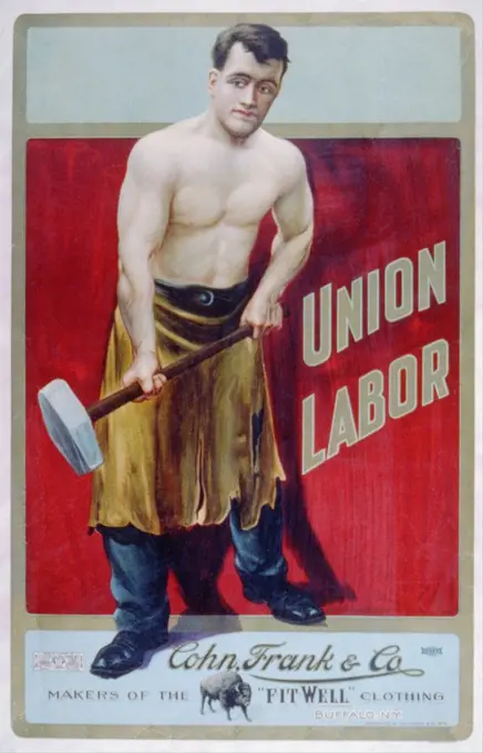 The words 'Union Labor' are prominently displayed on an advertisement for Cohn, Frank & Company, makers of the 'Fit Well' clothing. Ca. 1905.