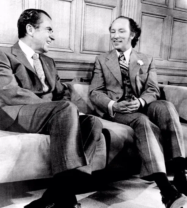 President Richard Nixon (left) and Canadian Prime Minister Elliott Trudeau in his Parliament Hill office. April 14, 1972.