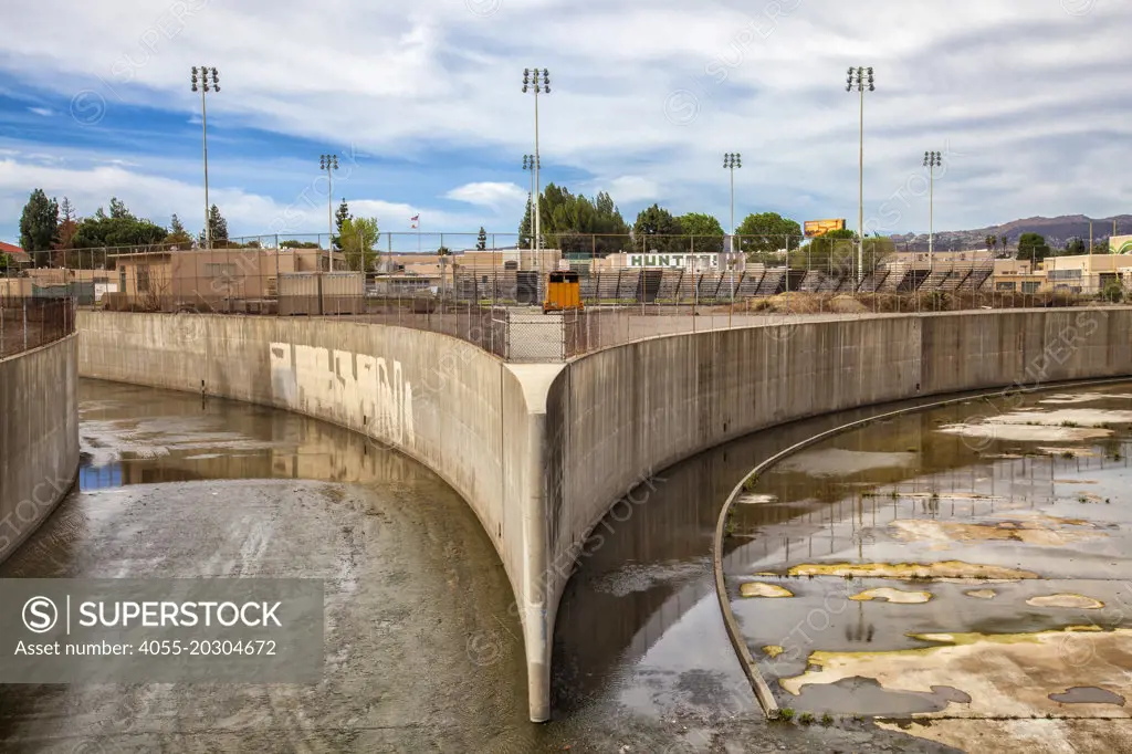 The beginning of the Los Angeles River at the confluence of Bell Creek and Arryo Calabasas in Canoga Park. San Fernado Valley, Los Angeles Coutny, California, USA