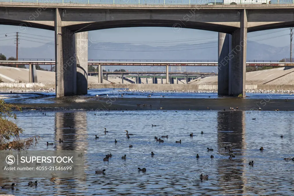 Los Angeles River and WIllow Street Bridge, Long Beach, California, USA