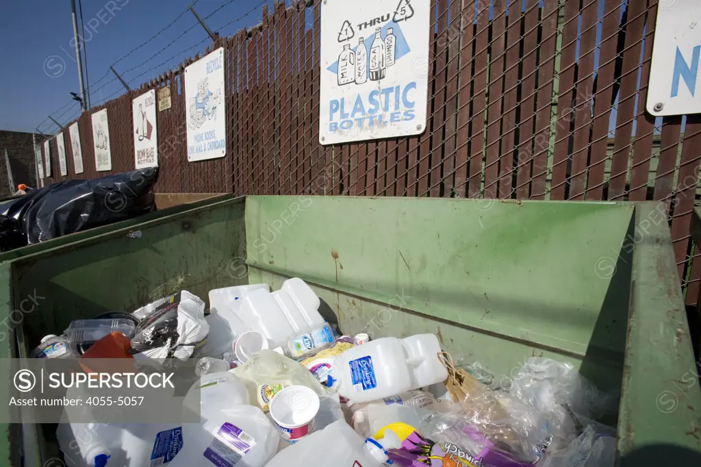 Recycling bin for plastic bottles at Santa Monica Recycling Center, Los Angeles County, California, USA