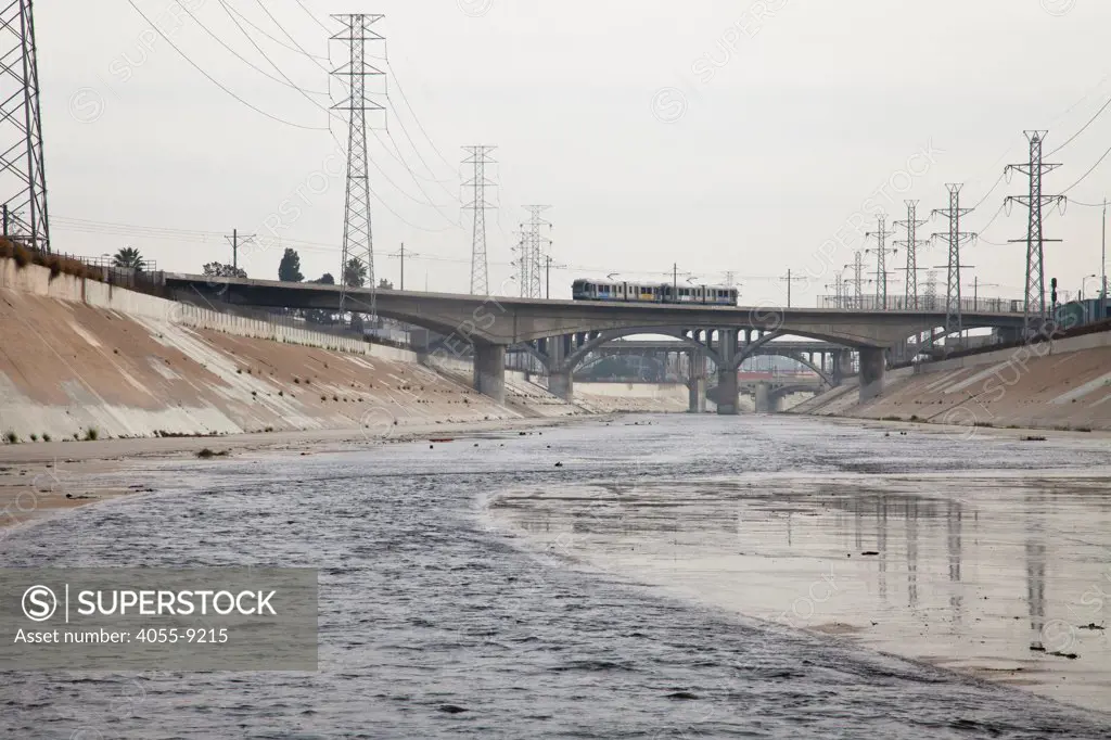 Los Angeles Metro Gold line crossing the Los Angeles River, downtown Los Angeles, California, USA