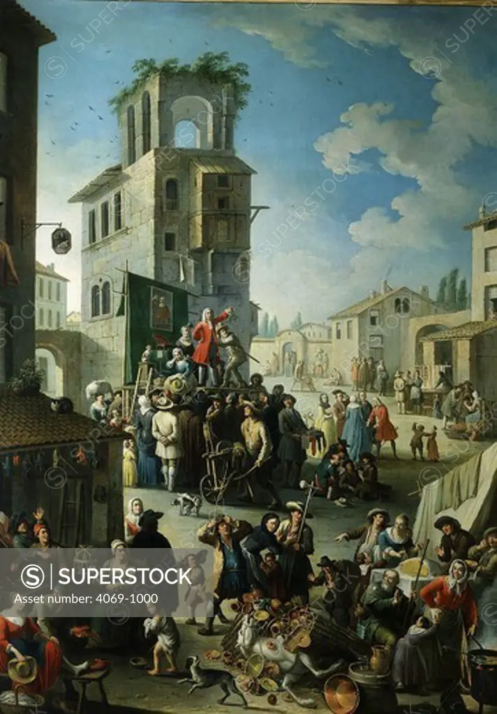 Village market scene with quack or charlatan 18th century