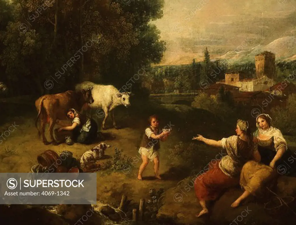 Pastorale, landscape with milkmaid and cows, c. 1750-60, detail. Painter of idealised pastoral scenes, Zuccarelli made a successful career in both Venice and England, where he was a founding member of the Royal Academy of Arts in 1768