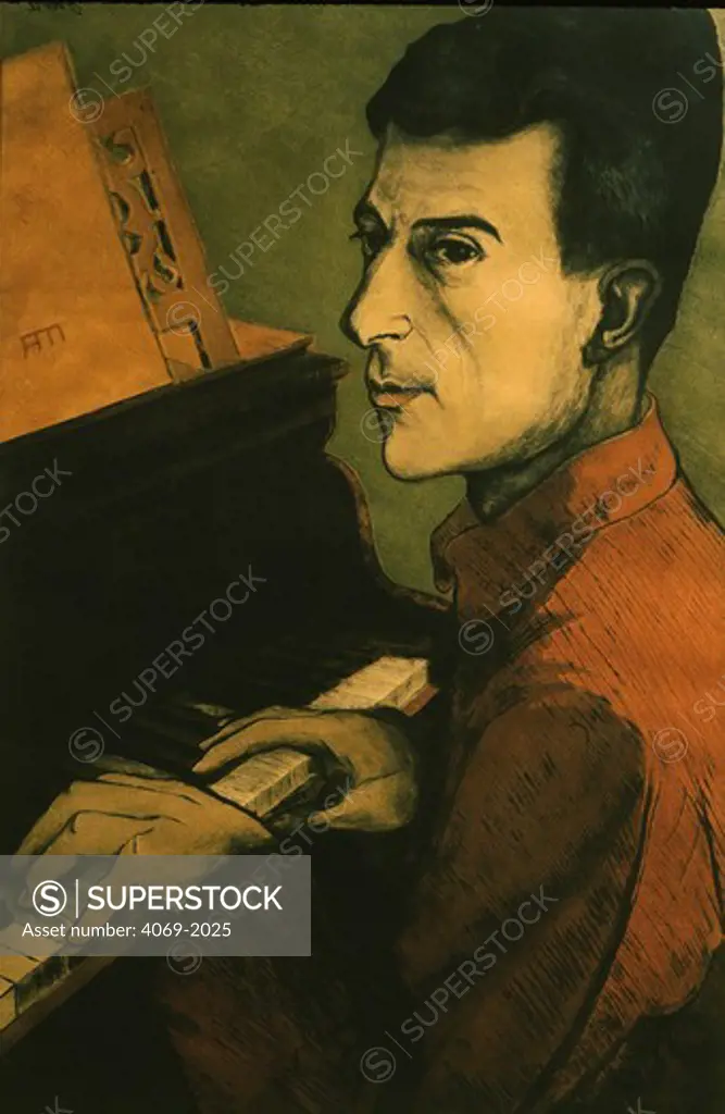 Maurice RAVEL 1875-1937 French composer, at piano, by Ouvre, lithograph