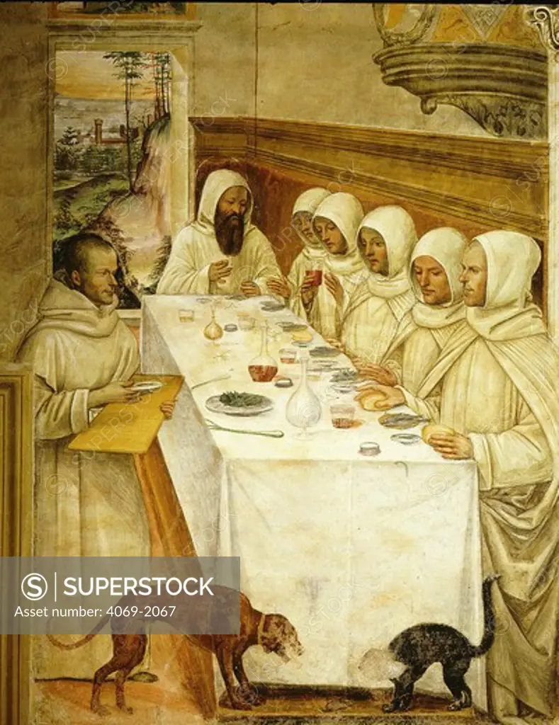 St BENEDICT of Nursia, 480-550, and his monks eating in the refectory, fresco