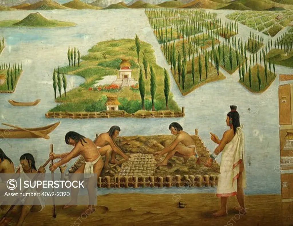 Aztecs constructing chinampas (small floating gardens on reed rafts), by Jose Muro Pico after 16th century manuscript