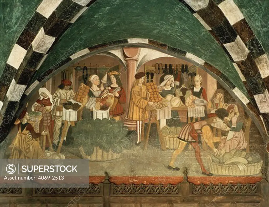 Fruit and vegetable market, late 15th century Italian Gothic fresco