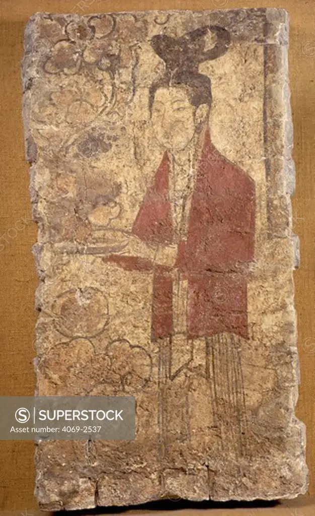 Lady of the court, fresco fragment from tomb, 7th century AD Tang Dynasty Chinese