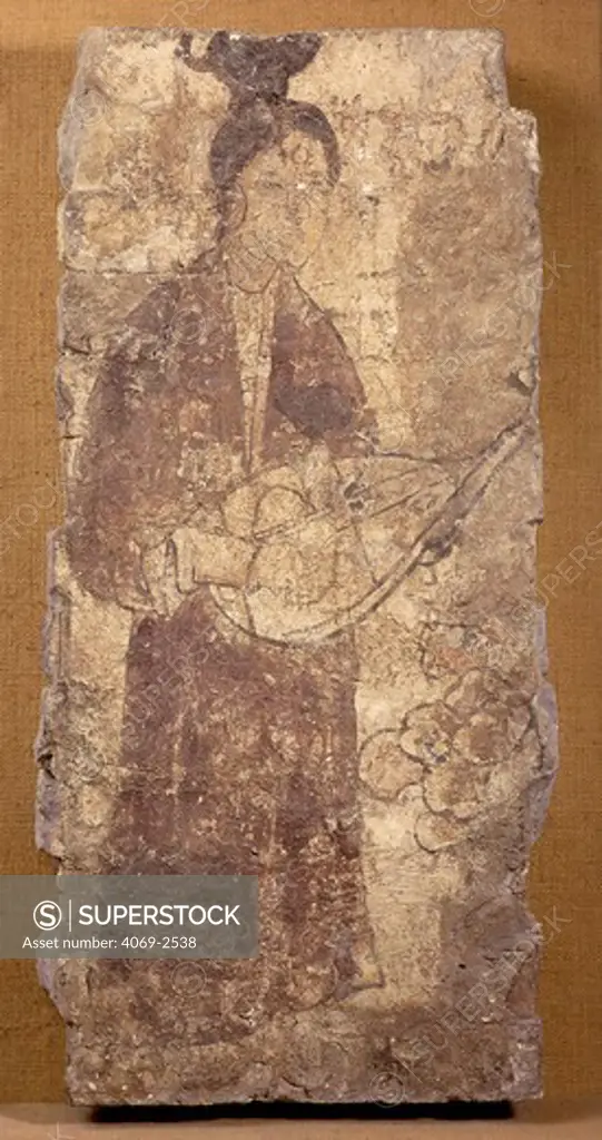 Female musician, fresco fragment from tomb, 7th century AD Tang Dynasty Chinese