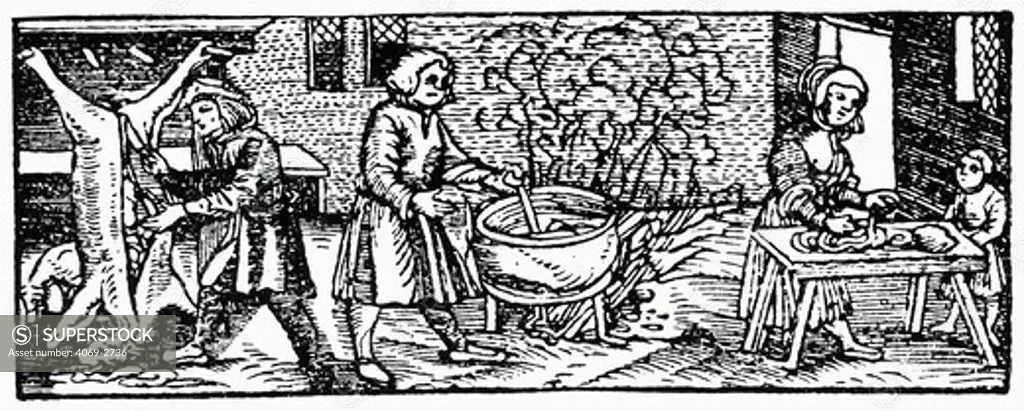 Butchering pig, cooking and making sausages, woodcut, 1518, by Jacob Kobel