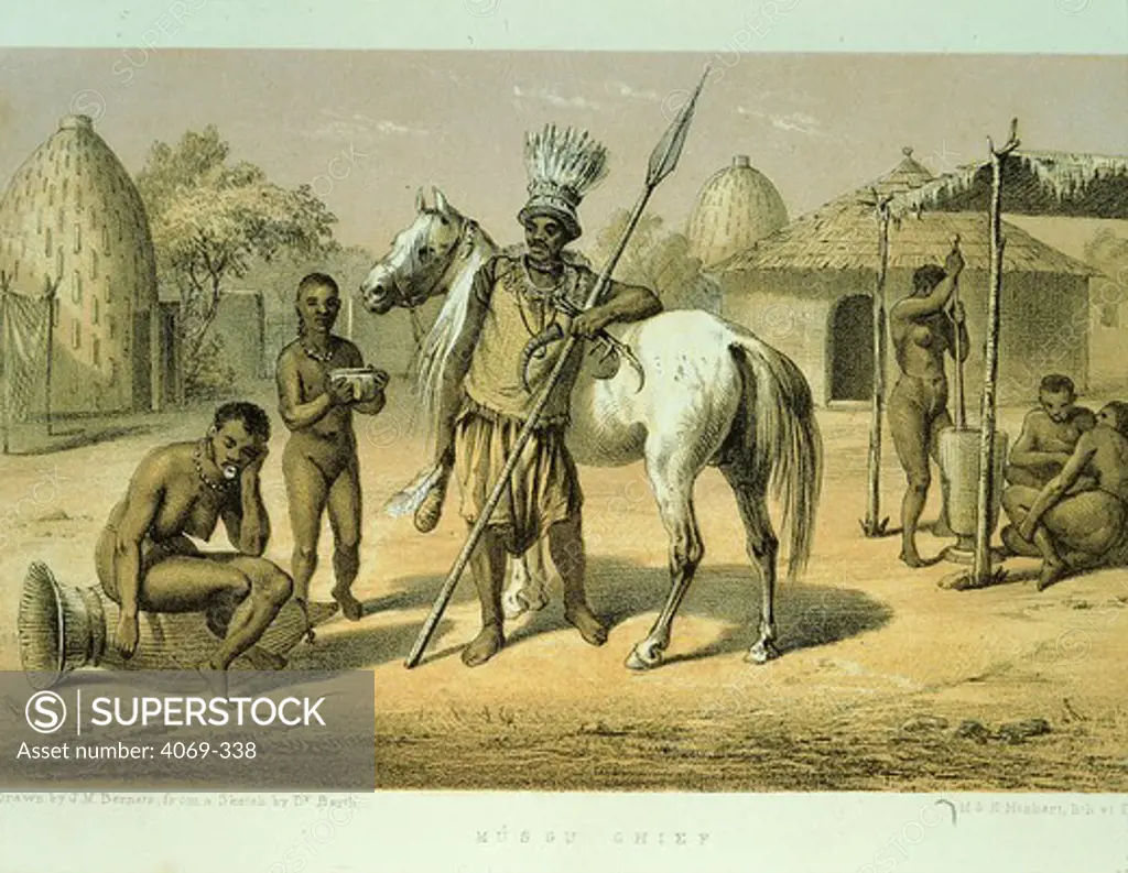 Chief of Musgu tribe in village from Travels and Discoveries in North and Central Africa 1849-55 by Heinrich Barth, 1821-65, German explorer