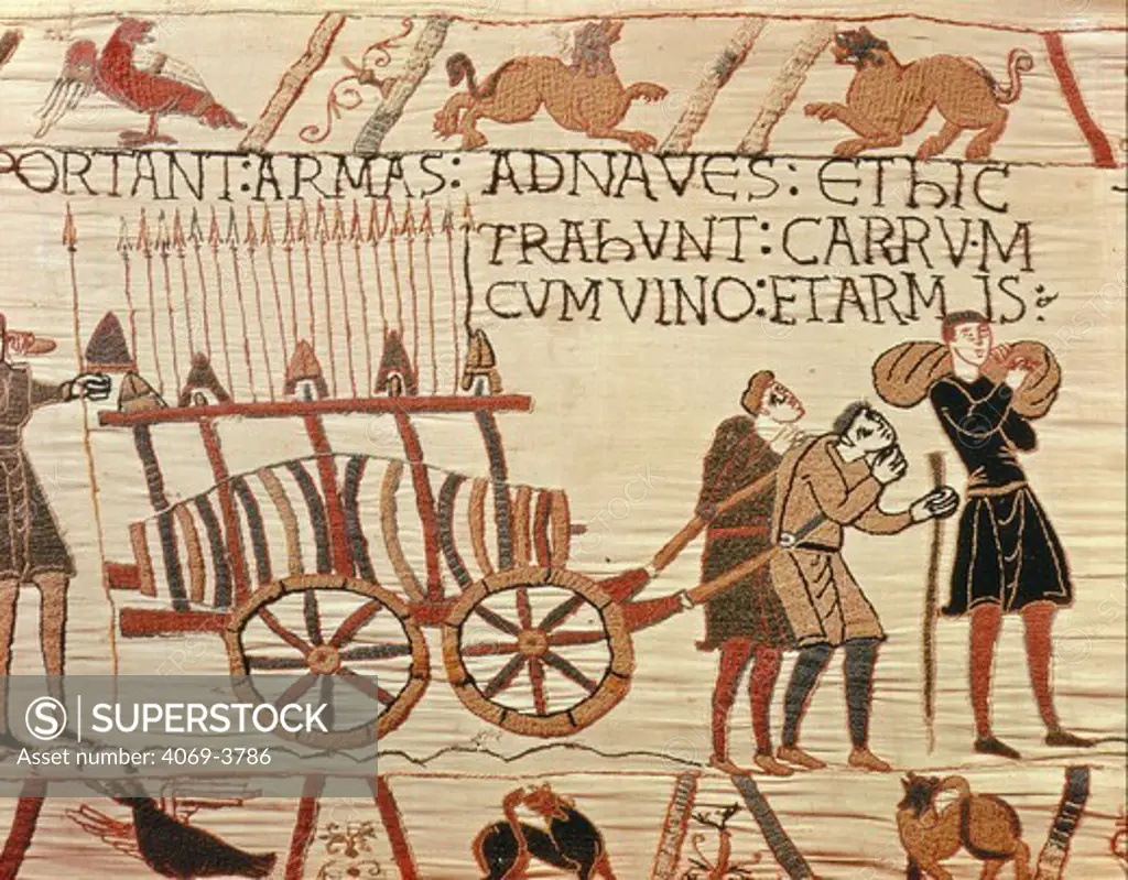 Cart carrying wine and arms for ships of William Duke of Normandy (later William I The Conqueror 1027-87 King of England), from the Bayeux Tapestry, 11th century